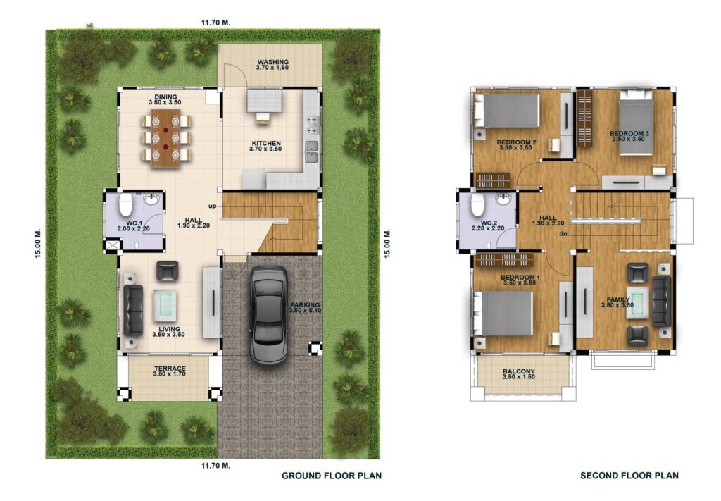 House Design 3d 11x15 with 3 Bedrooms floor plans