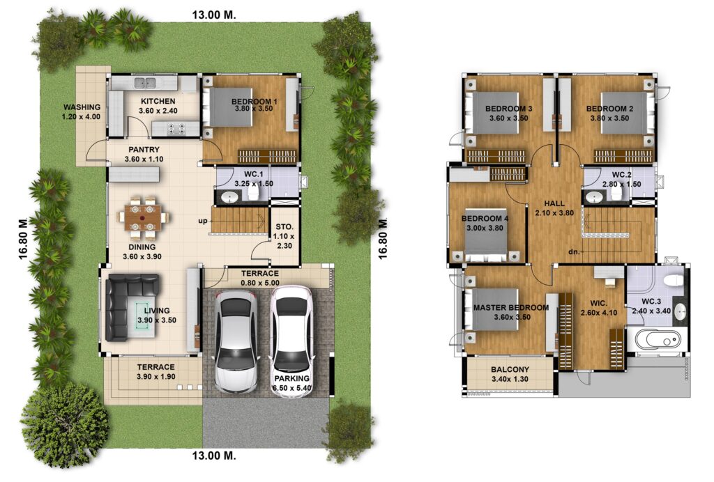 House Plan 3d 13x16 with 5 Bedrooms floor plan