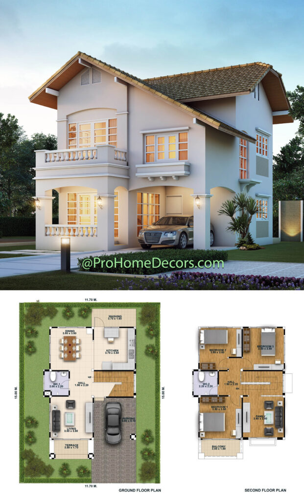 House Design 3d 11x15 with 3 Bedrooms