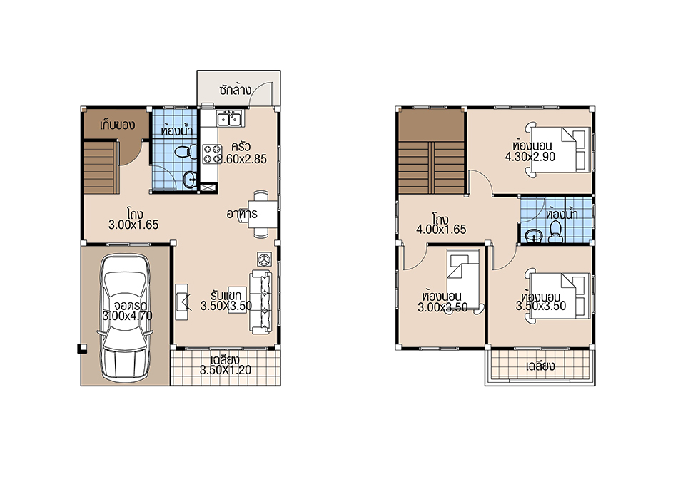 House Plans 6.5x8 with 3 Beds floor plan