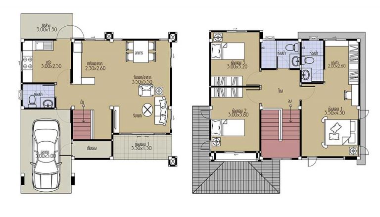 House Plans 8.8x8 with 3 Beds floor plan