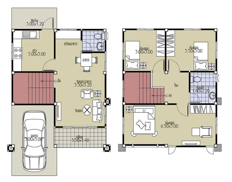 Small House Plans 6.5x8.2 with 3 Beds floor plan
