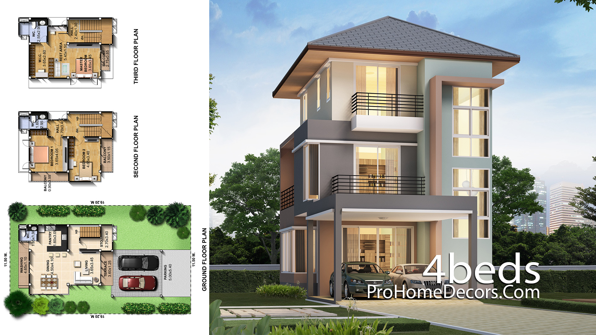 Small House Design 7.5x14 Meter with 3 Bedrooms